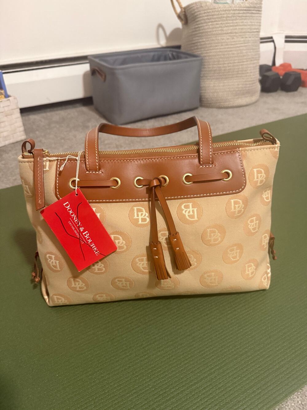 NWT Dooney & Bourke Signature Monogram Tassel Tote Tan Leather Trim Zip Top